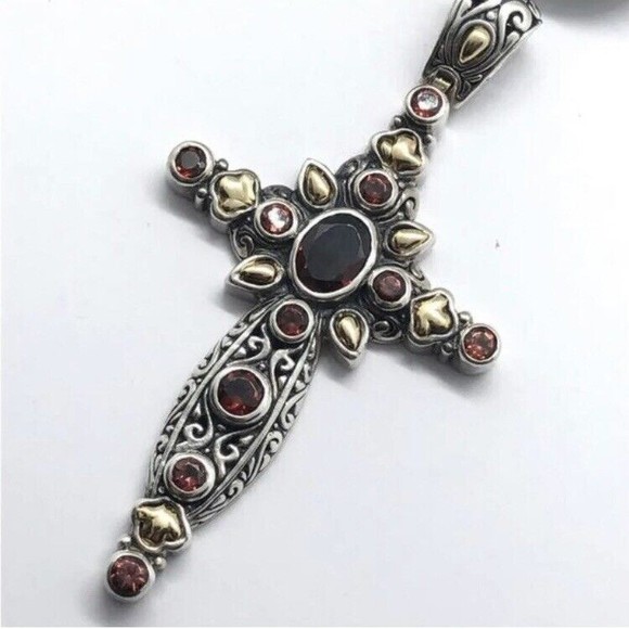 Samual Benham 18k Sterling Silver Garnet Cross Pendant - Picture 7 of 8